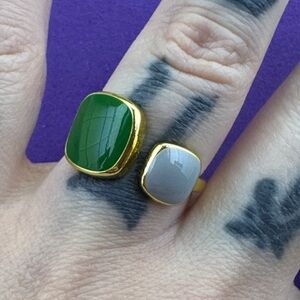 💛 Gold Plated Cabochon Green & Grey Stone Ring | Bold Modern Statement